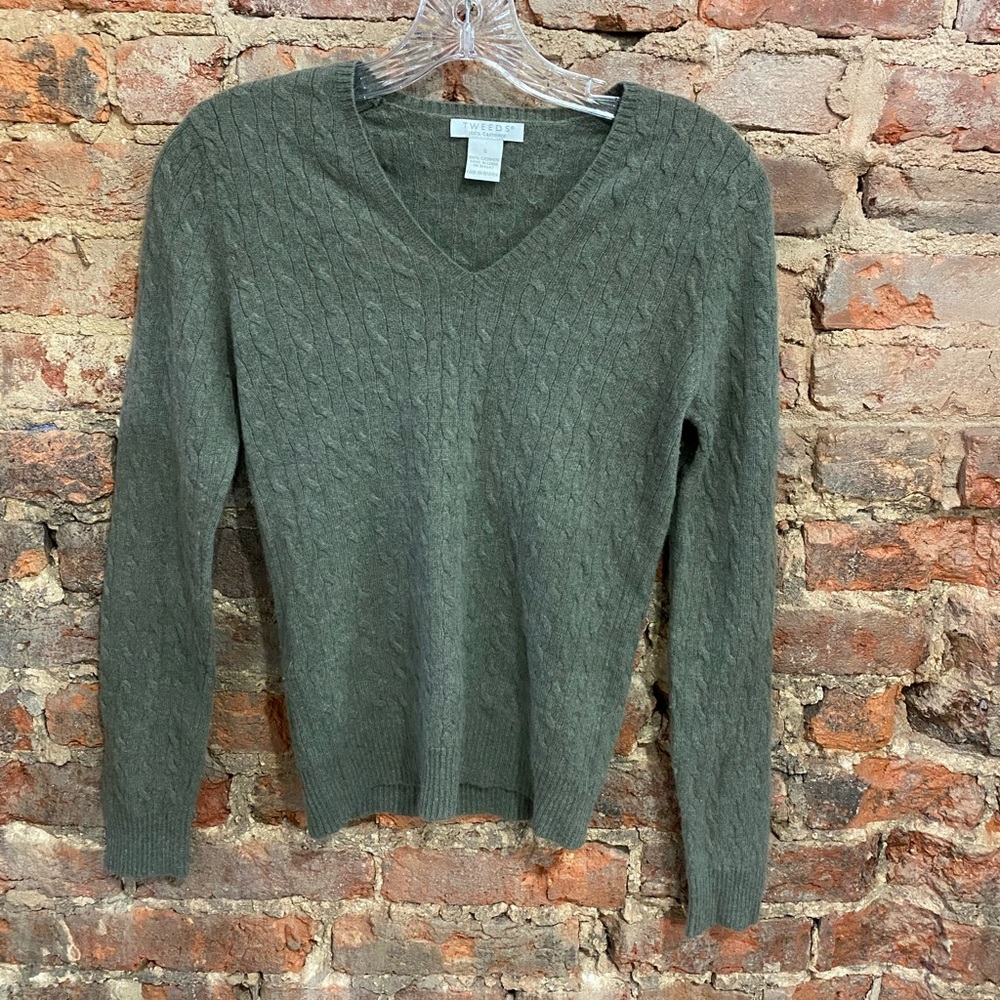 Tweeds Cashmere Cableknit Vneck Sweater Green